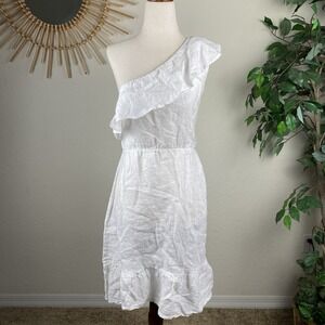 Valentina Naldi 100% Linen Dress M White Ruffle Coastal Mini Chic Woven Mini NWT